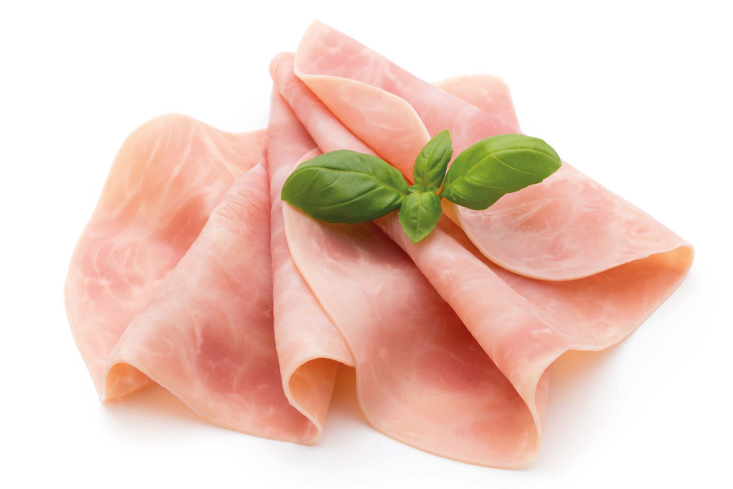 Sliced boiled ham sausage isolated on white background, top view.