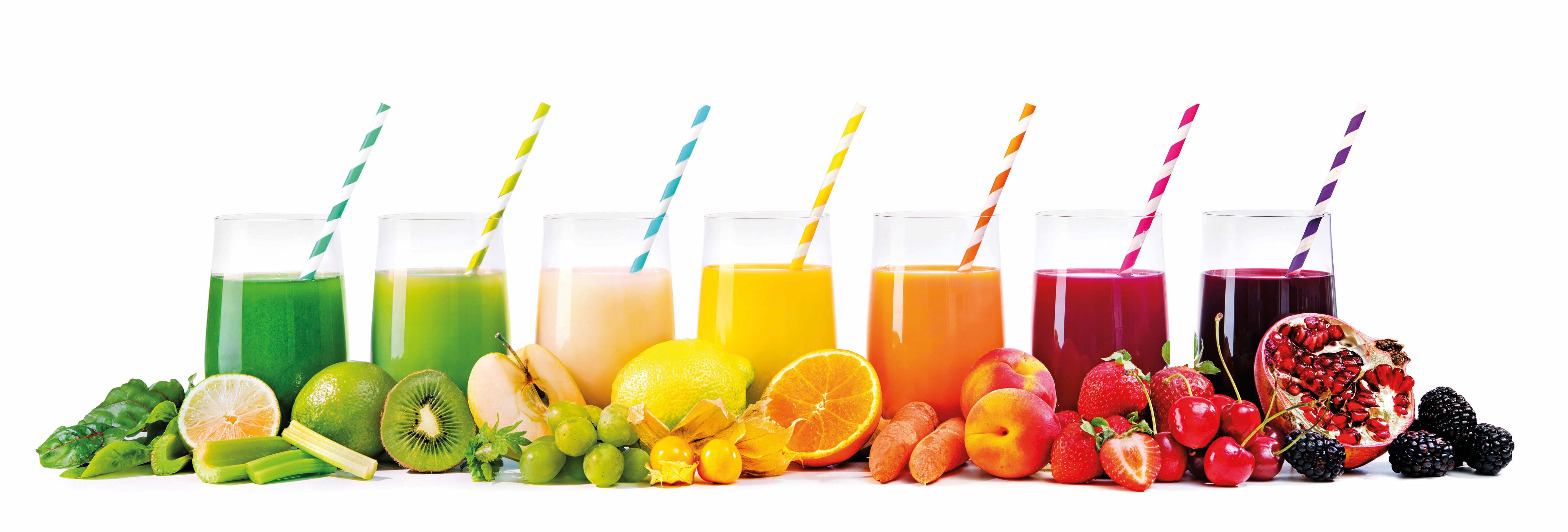 Assortment of fresh fruits and vegetables juices in rainbow colors isolated on white background